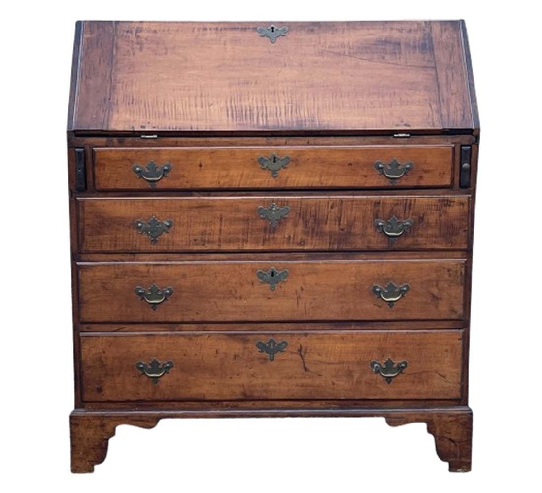 early 18th c chippendale tiger maple slant front desk , ma c.1760 in original base replaced period (1 of 8)