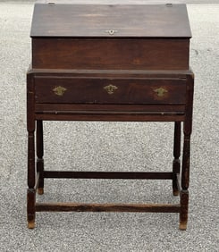 rare 18th c rhode island desk on frame in original brown paint 2 piece stretcher base rare pull out