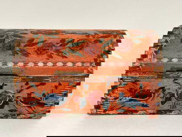 RARE 19TH C PA GERMAN DECORATED DOME TOP BOX SALMON PAINTED WITH BLUE BIRDS