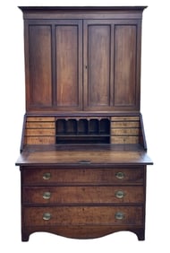 FINE 18TH C CT RIVER VALLEY SECRETARY IN TIGER MAPLE AND CHERRY GREAT TIGER MAPLE INTERIOR ORIGINAL