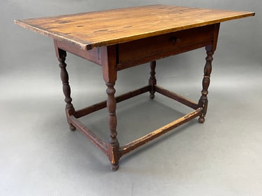 NE ONE DRAWER TAVERN TABLE W/ ORIGINAL TOP AND REMNANTS OF OLD FINISH