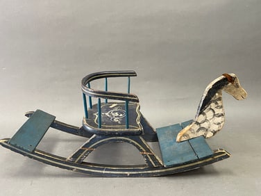 TODDLERS ROCKING HORSE W/ PLATFORM BASE AND WINDSOR TYPE SEAT IN BLUE