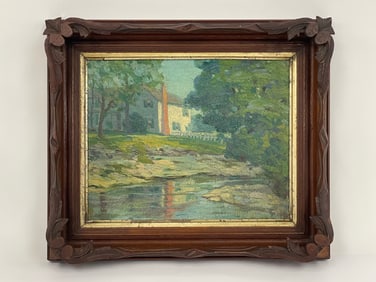 IMPRESSIONISTIC OIL ON BOARD, SUMMER LANDSCAPE, STUDY IN GREEN. COUNTRY HOUSE ON POND HOUSED IN