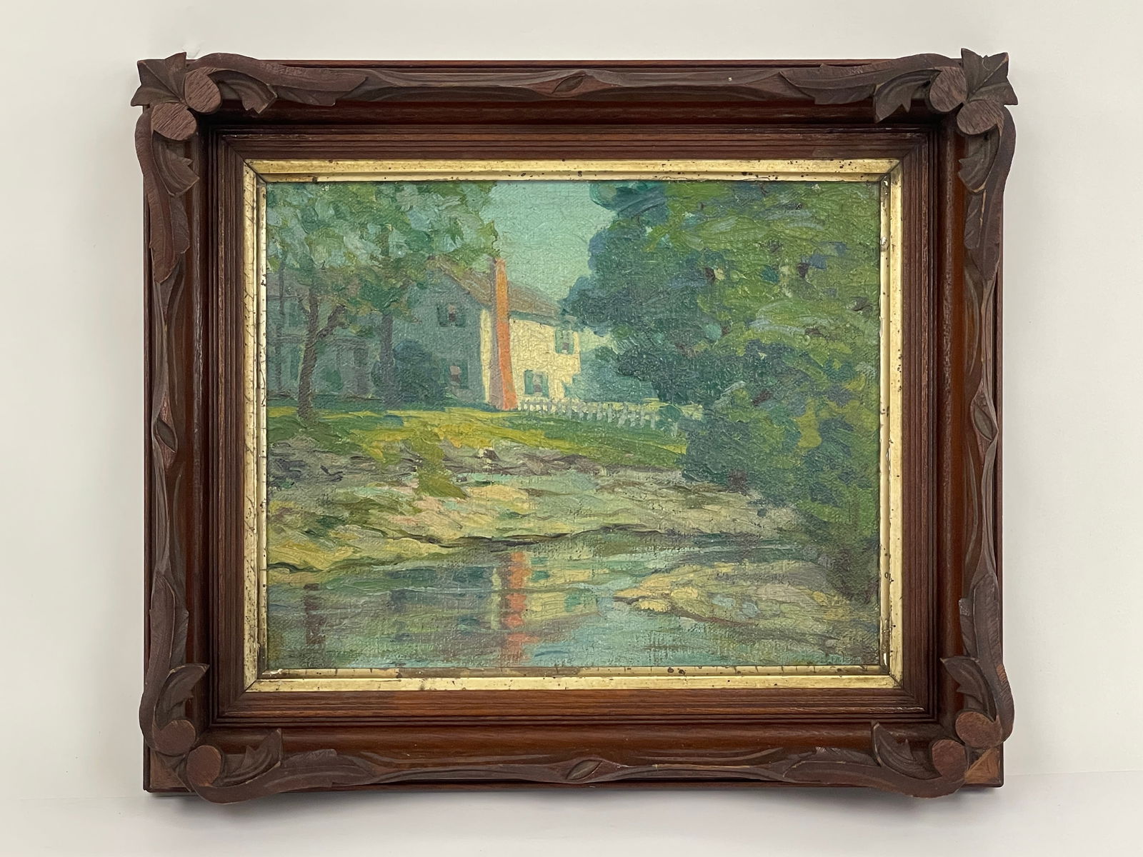 IMPRESSIONISTIC OIL ON BOARD, SUMMER LANDSCAPE, STUDY IN GREEN. COUNTRY HOUSE ON POND HOUSED IN (1 of 3)