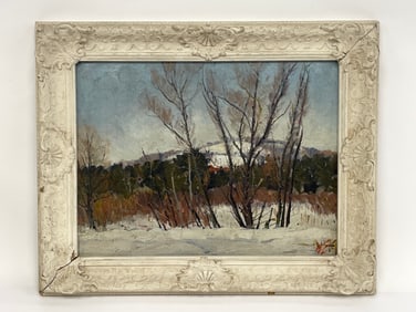 OIL ON PANEL. EDWARD GUSTAVE JACOBSSON (AMERICAN, 1907-1961) “QUEECHY IN WINTER CANAAN, NY??.