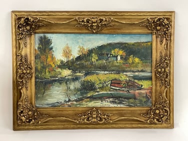 OIL ON BOARD. EDWARD GUSTAVE JACOBSSON (AMERICAN, 1907-1961) “END OF THE LAKE, CANAAN NY?? OIL ON