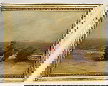 19TH C. OIL ON CANVAS. COASTAL SEA FOG. RETURN WITH THE DAYS CATCH. HOUSED IN A PERIOD GILT FRAME.