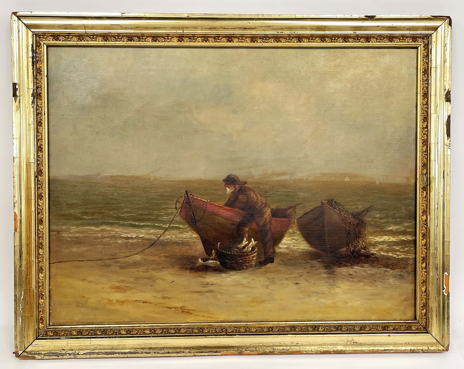 19TH C. OIL ON CANVAS. COASTAL SEA FOG. RETURN WITH THE DAYS CATCH. HOUSED IN A PERIOD GILT FRAME. (1 of 3)