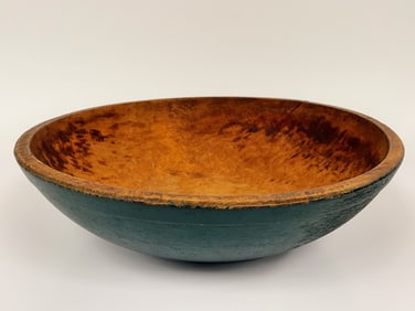 14?? WOODEN DOUGH BOWL IN OLD GREEN PAINT. WITH APPROPRIATE SHRINKAGE. CONDITION COMMENSURATE WITH