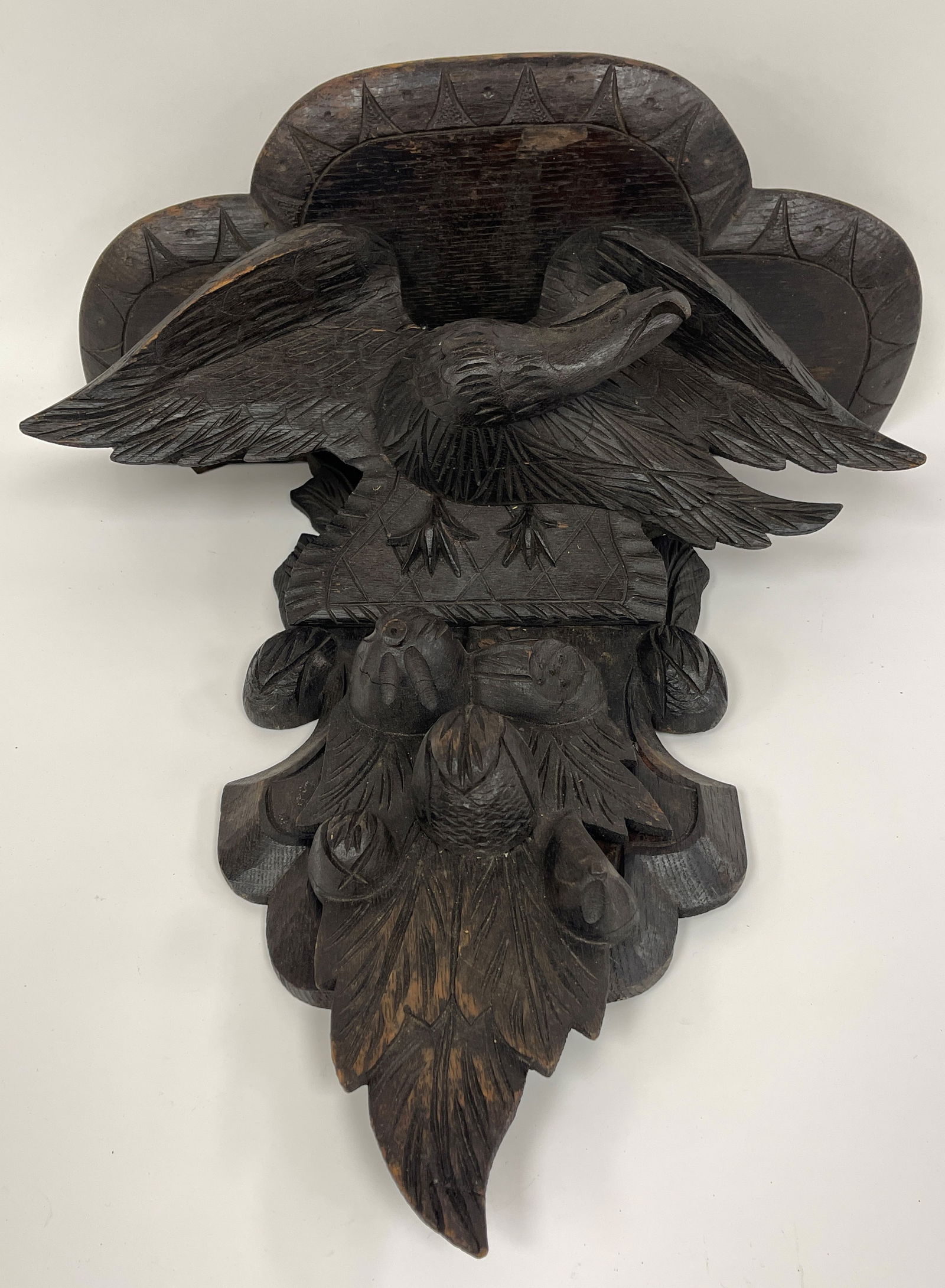 EARLY OAK EAGLE CARVED HANGING SHELF IN OLD FINISH (1 of 5)