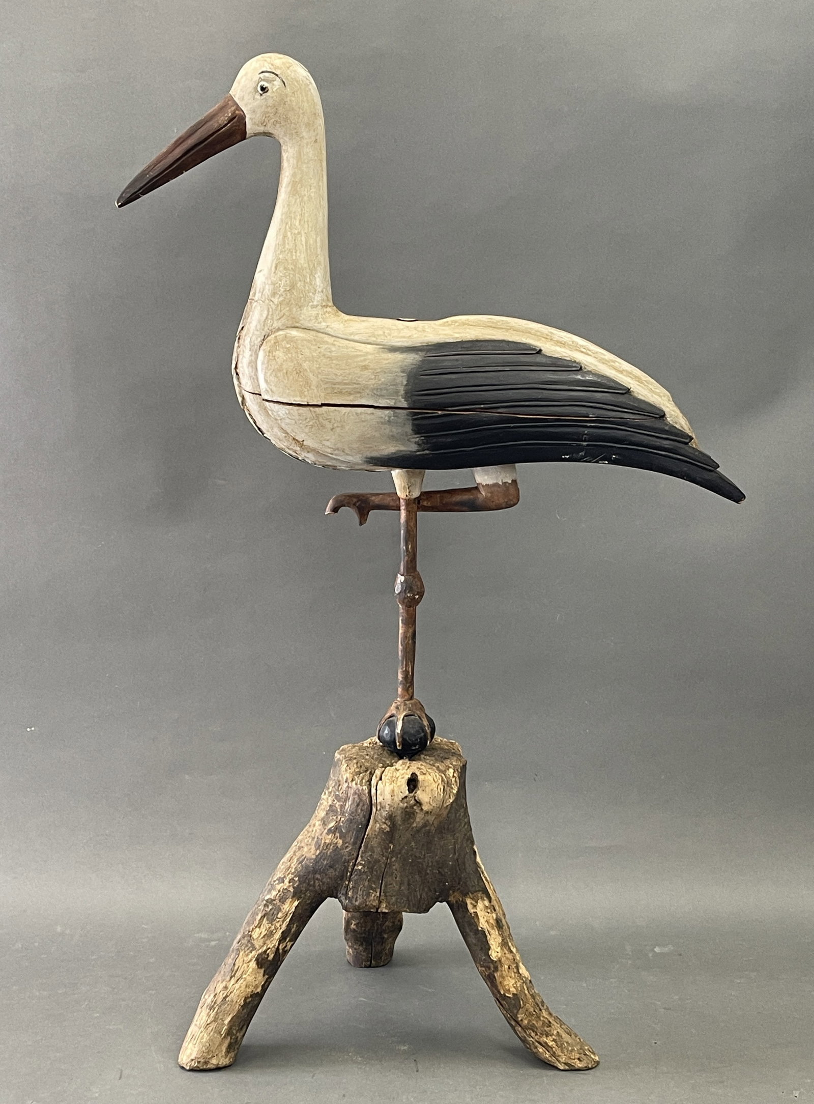 LIFE SIZED POLYCHROME CARVED WOODEN STORK IN BRANCH LOG BASE (1 of 4)