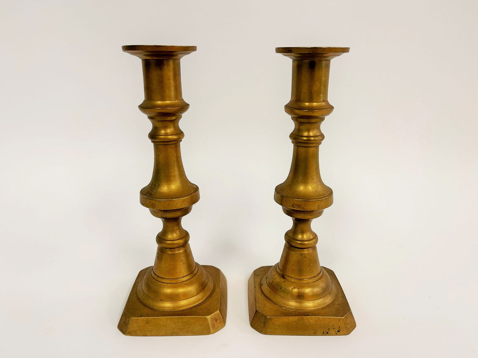 PAIR OF EARLY CANDLESTICKS 8" T: PAIR OF EARLY CANDLESTICKS 8" T