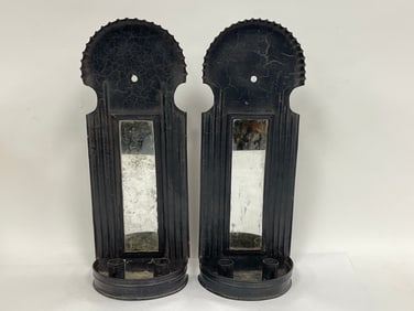 PAIR 19TH C TIN SCONCES WITH MIRROR BACKS IN OLD BLACK PAINT