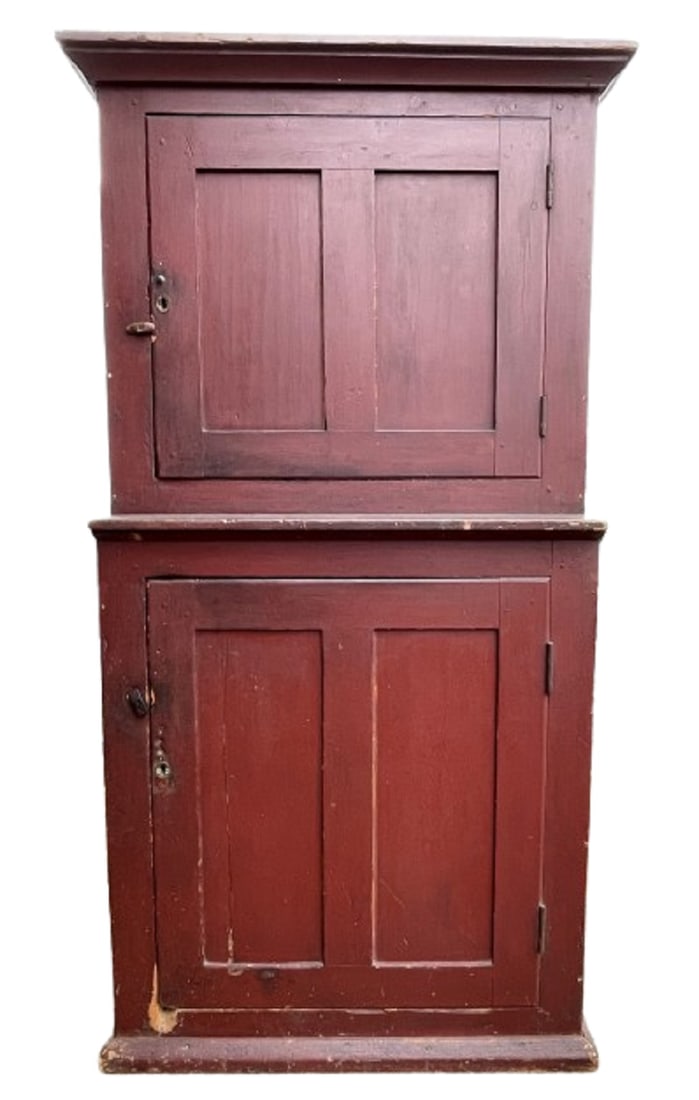 GREAT 19TH C STEPBACK CUPBOARD IN ORIGINAL RED PAINT POPLAR AND PINE (1 of 7)