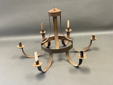 FINE 19TH C HANGING 19TH C TIN 6 ARM CHANDELIER IN OLD SURFACE