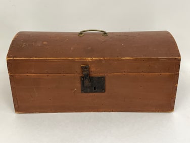SMALL 19TH C DOME TOP BOX ORIGINAL RED PAINT PINE