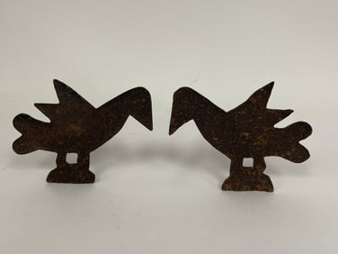 RARE PAIR 19TH C WROUGHT IRON PA GERMAN BETTY CAMP SPIKES IN SHAPE OF COUCHBIRDS
