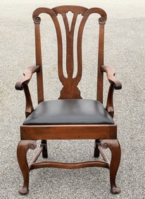 BOLD 18TH C ENGLISH CABRIOLE LEG ARMCHAIR WITH LEATHER SEAT, WALNUT C.1710-1730 RARE ALL ORIGINAL