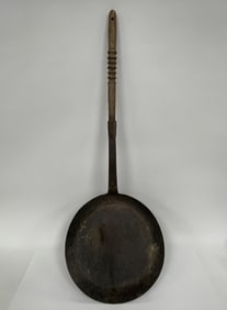 WONDERFUL WOODEN LONG HANDLED , FORGED IRON COOKING SKILLET
