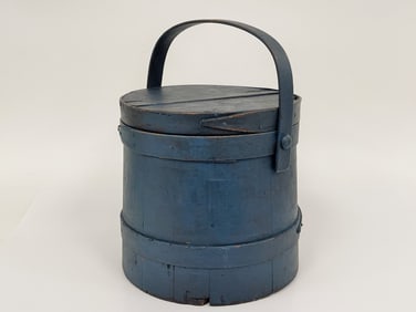 Nice Blue Firkin in Old Paint. 19th century. Fine construction. 9 ½?? high. Wear as shown.