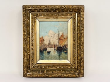 19th Century Venetian Oil on Canvas. Moored Ships off Venice shoreline with St Mark’s Campanile