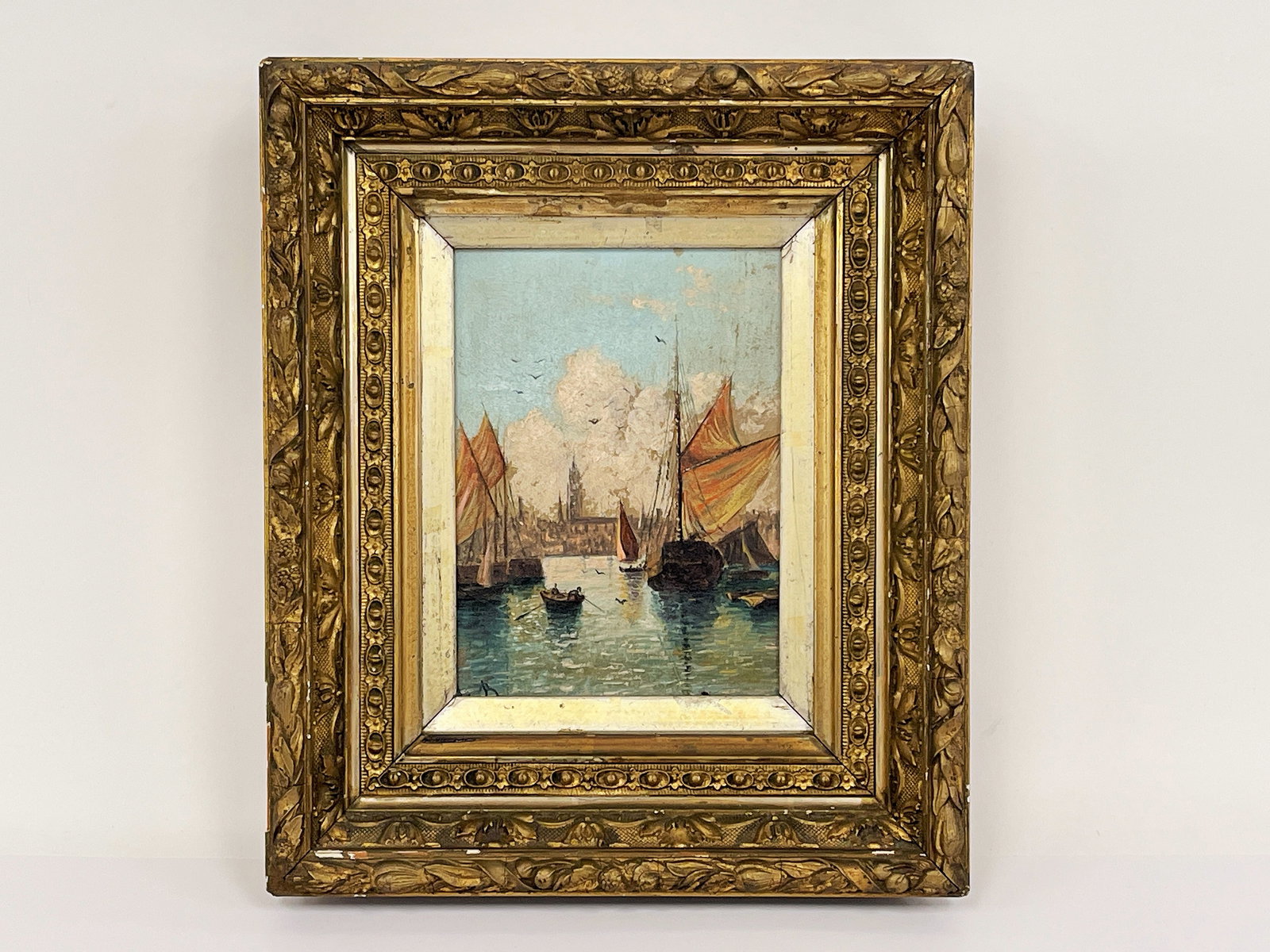 19th Century Venetian Oil on Canvas. Moored Ships off Venice shoreline with St Mark’s Campanile (1 of 4)