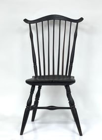 Fine Old Black over original red Painted Fan-Back Windsor Side Chair. Connecticut-Rhode Island
