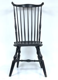 Windsor Side Chair with Unique Elongated back in old black paint. Overall height 38??. Seat height