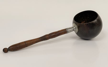 19th c. Sailor Made China-trade coconut Shell Ladle. Polished Shell mounted on turned walnut handle