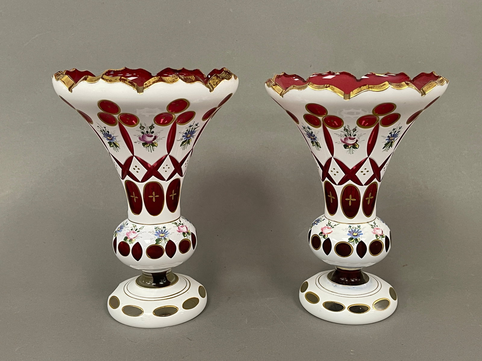 PAIR CUT TO RUBY VASES: PAIR CUT TO RUBY VASES 7" X 5"