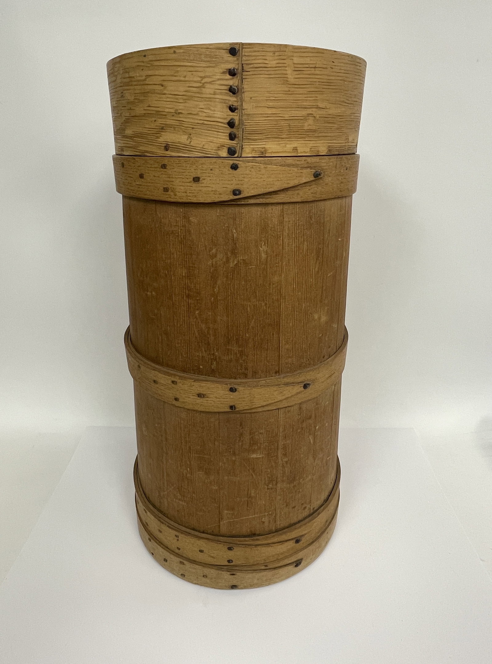 18th c butter churn: 18th c butter churn, rosehead nails, very clean, 26t x 11.5w