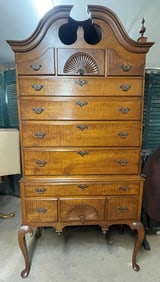 18TH C TIGER MAPLE BONNET TOP HIGHBOY