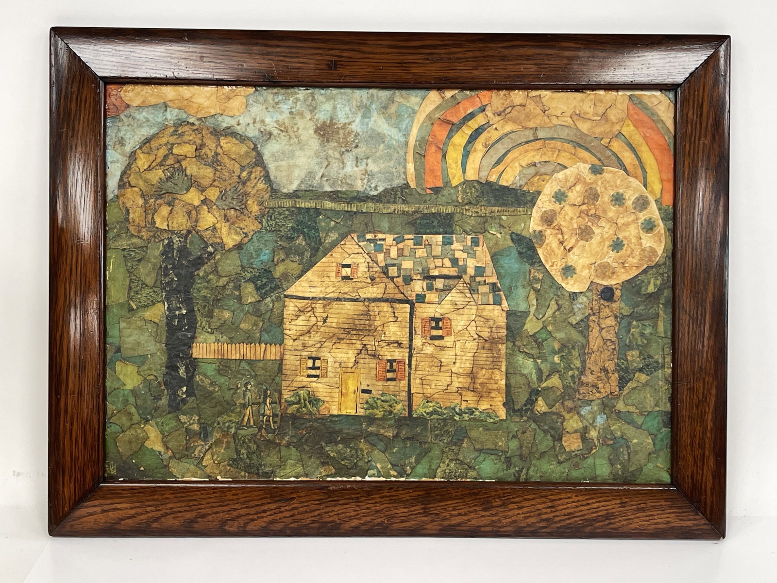 Folk Art Decoupage Landscape on Board.: Folk Art Decoupage Landscape on Board. Housed in turn of the century Oak frame. Artwork size: 20” wide x 14” high.