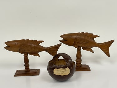 Rare Set of 3 Pitcairn Island Artifacts    a) Pair of Carved Fish Signed by “Tommy Warren