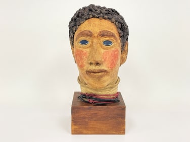 Outsider Folk Art Polychrome Pottery STONEWARE BUST OF A Boy.