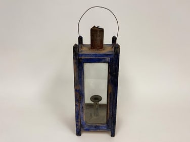BLUE PAINTED LANTERN 19THC , PINE. DRY ORIGINAL BLUE PAINT