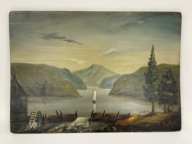 RIVER SCENE ON WOOD PANEL 16" X 23"