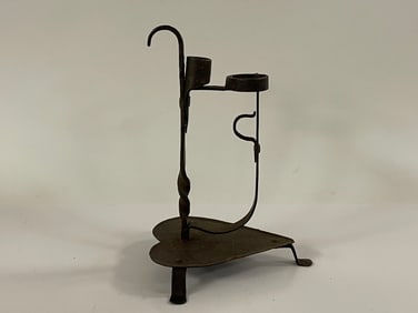FORGED IRON LIGHTING DEVICE W/ HEART SHAPED BASE & SPRING MECHANICAL CANDLE SOCKET