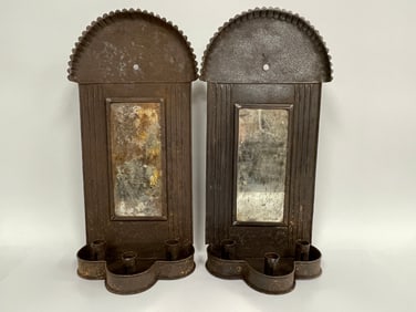 PAIR OF OVERSIZED , SHEET IRON 3-SOCKET CANDLE SCONCES W/ MIRRORS