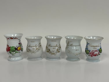 GROUP OF 6 OPALESCENT SANDWICH GLASS MINIATURE WHIMSY FRIENDSHIP MUGS LABELLED