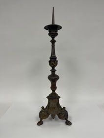 HUGE BRASS BAROQUE BRASS CANDLESTICK W/ 3 PAW FEET & CENTRAL FORGED IRON SHAFT IN HEMSKIRK MANNER