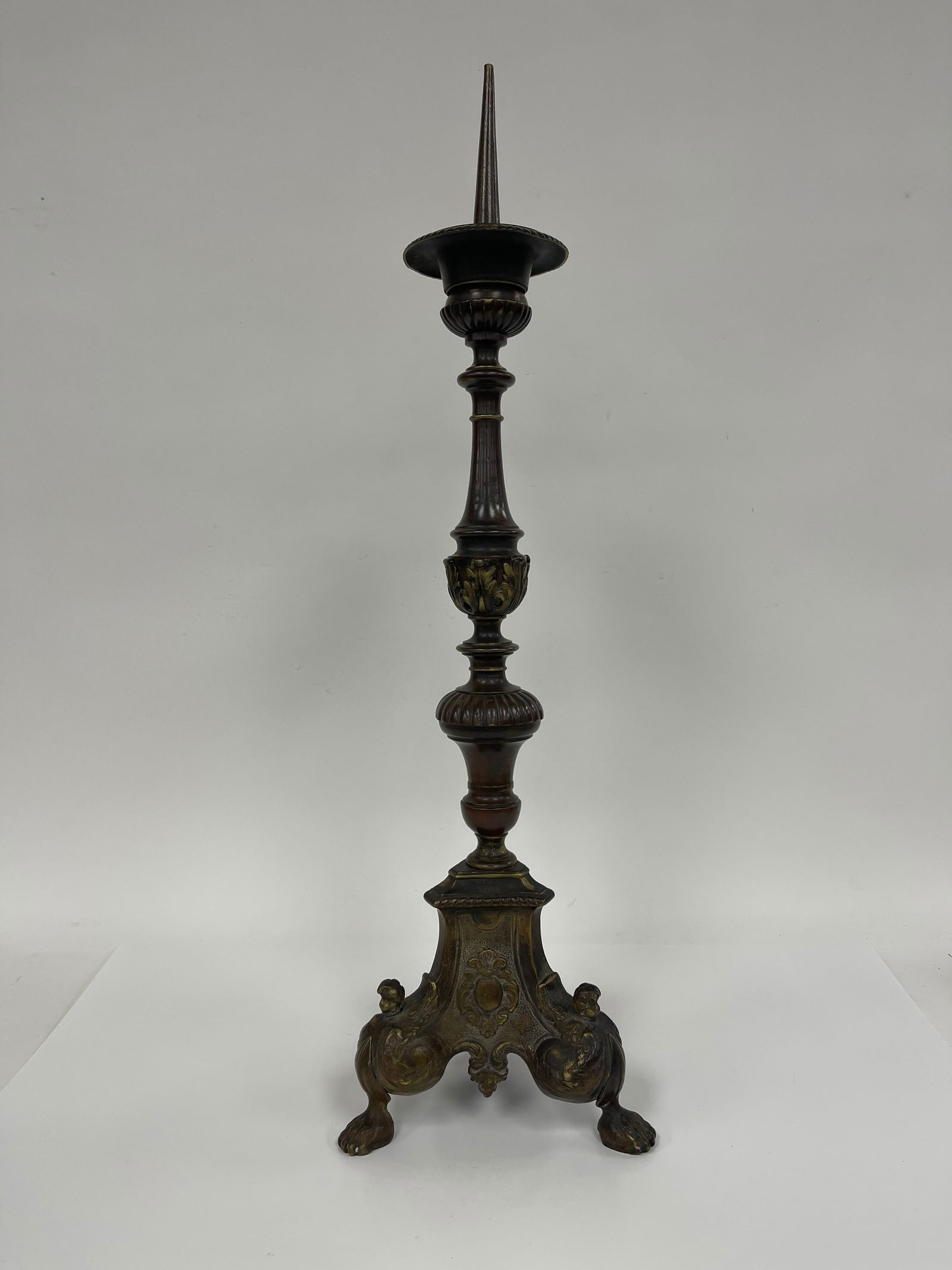 HUGE BRASS BAROQUE BRASS CANDLESTICK W/ 3 PAW FEET & CENTRAL FORGED IRON SHAFT IN HEMSKIRK MANNER (1 of 4)