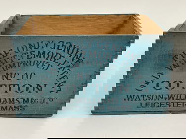 BLUE PAINTED ADVERTISING BOX FROM LEICESTER ,MA