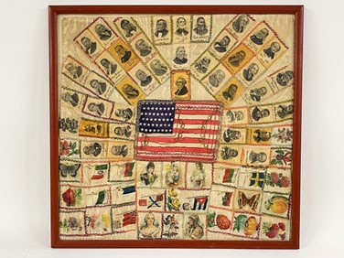 FOLK ART TEXTILE OF AMERICAN PRESIDENTS ON SILK 22 X 23