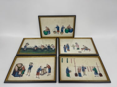 FIVE ASIAN PAINTINGS ON RICE PAPER, 9 X 14 EACH