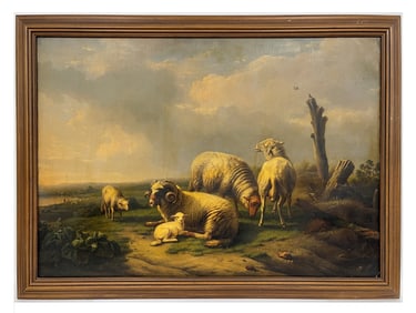 LARGE OIL PAINTING OF GRAZING SHEEP, 34 X 46
