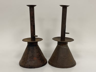 PAIR OF 19TH C SAND WEIGHTED CONICAL BASED CANDLESTICKS