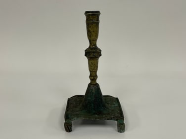MID 17TH C PAW FOOTED CAST BRASS DUTCH SQUARE BASE CANDLESTICK