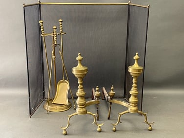18TH C BRASS PERIOD ANDIRONS, BRASS TOOLS, SCREEN