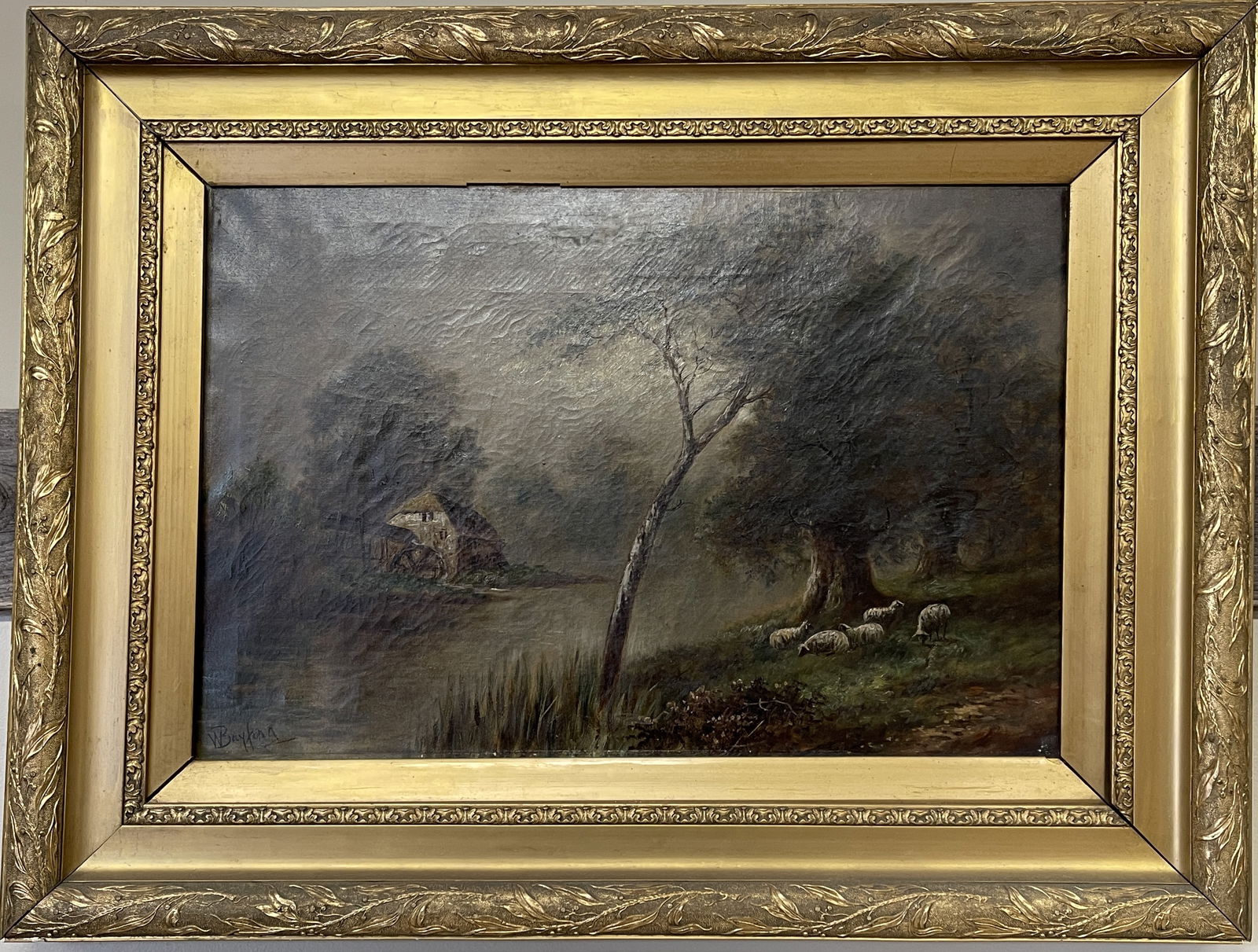 O/C WOOD MILL ON RIVER W/ SHEEP SIGNED (1 of 3)